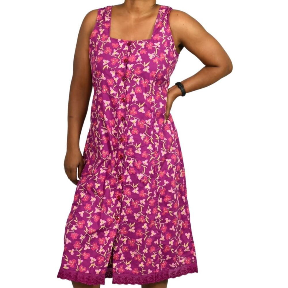 Vintage April Cornell Dress Pink Floral Patio Button Front Sundress Size Medium